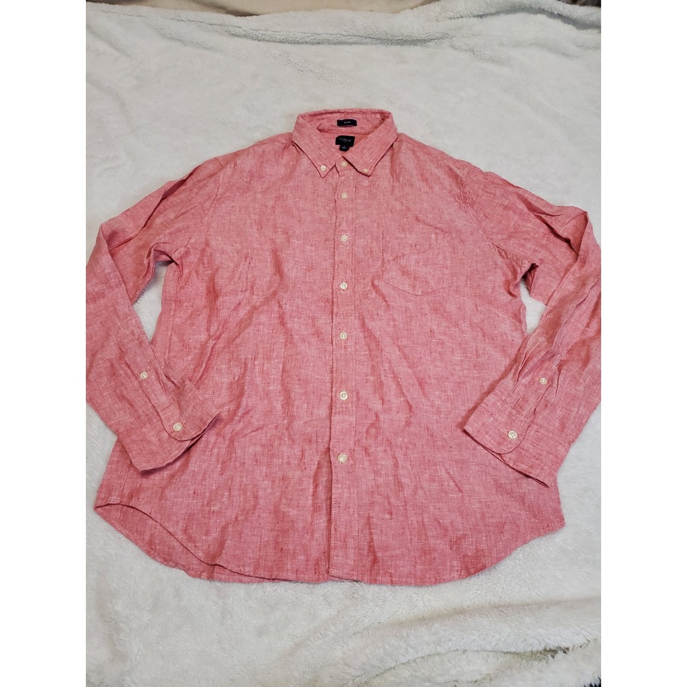 J. Crew Red Linen Blend Button Dress Shirt Slim Fit Men Large Casual Classic